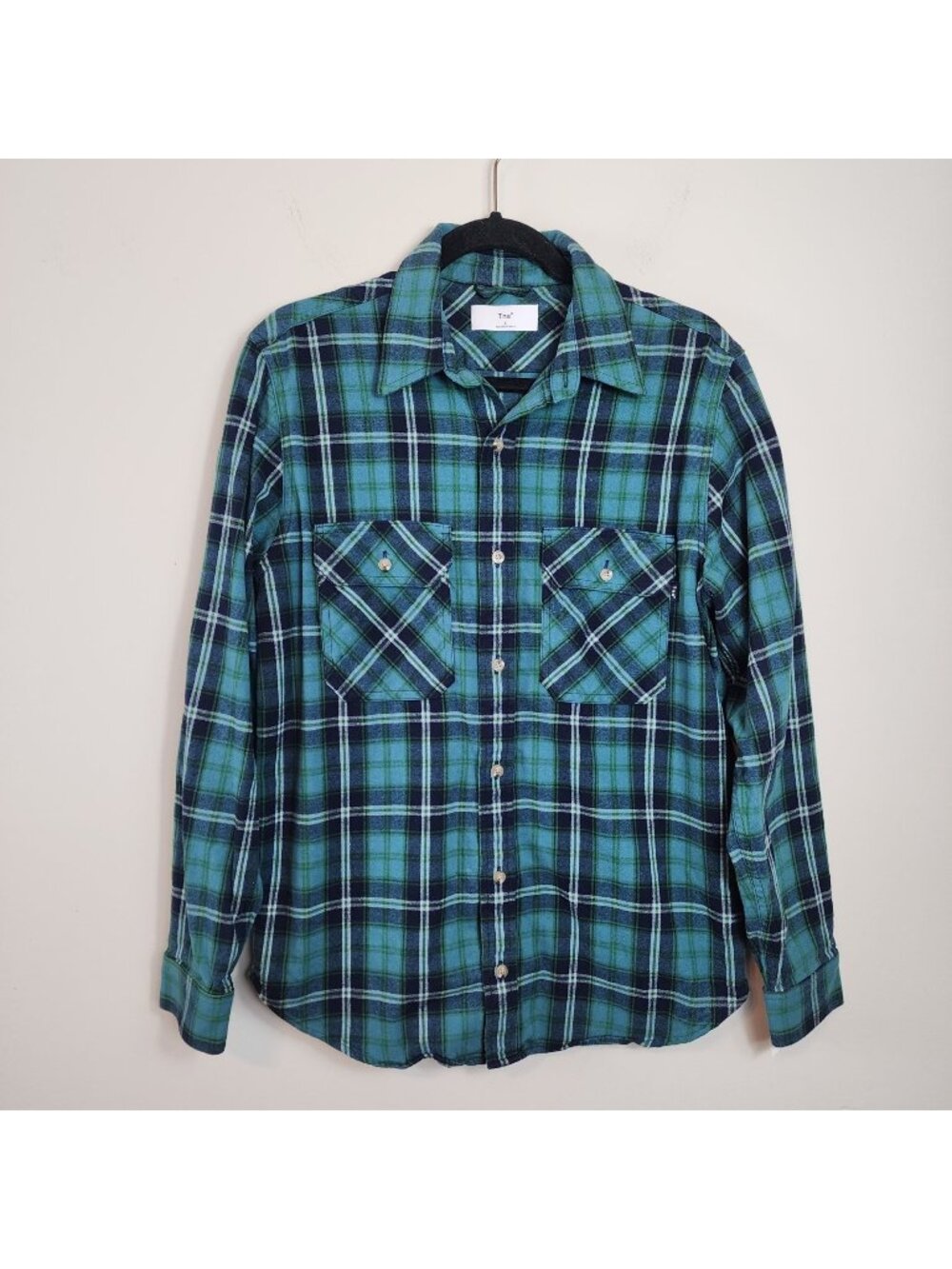 TNA by Aritzia Long Sleeve Plaid Flannel Shirt Green Blue sz S men Cozy